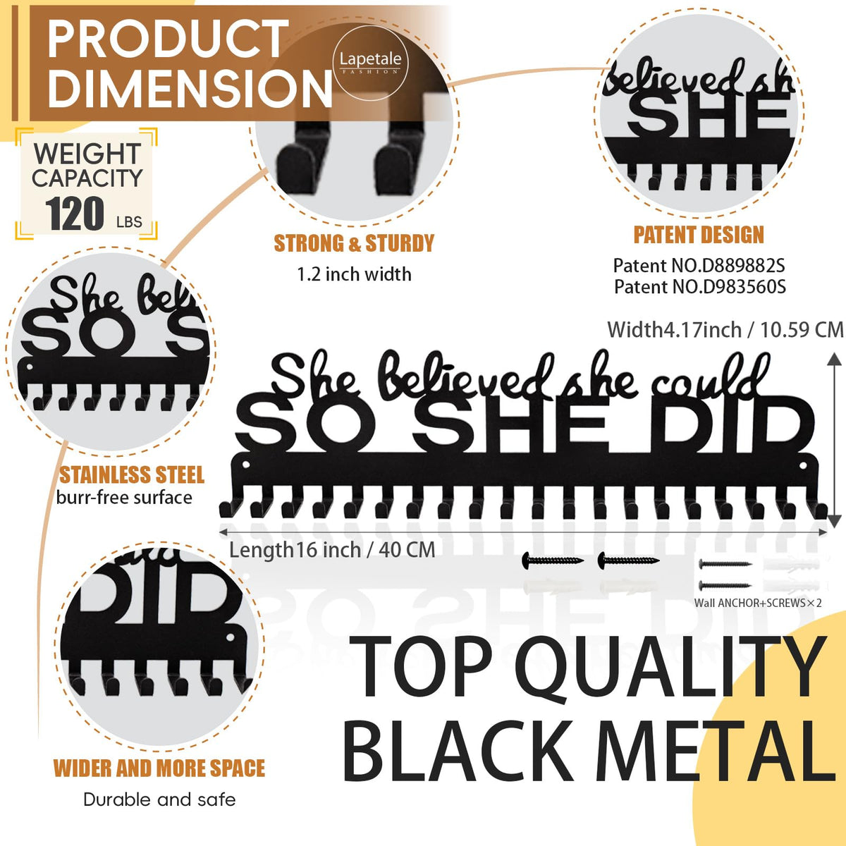 Lapetale Fashion Metal Medal Hanger Display for 63 Medals – She Believed She Could So She Did (16" Wide with 20 Hooks) - Black- Awesome Gifts-Patent NO.983560S