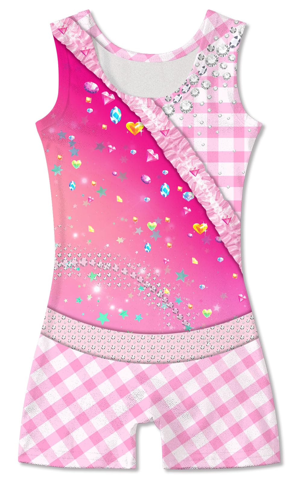 Funnycokid Gymnastics Leotards for Girls Dance Sparkly Unitard with Shorts, Pink checkered diamonds, 7-8 Years