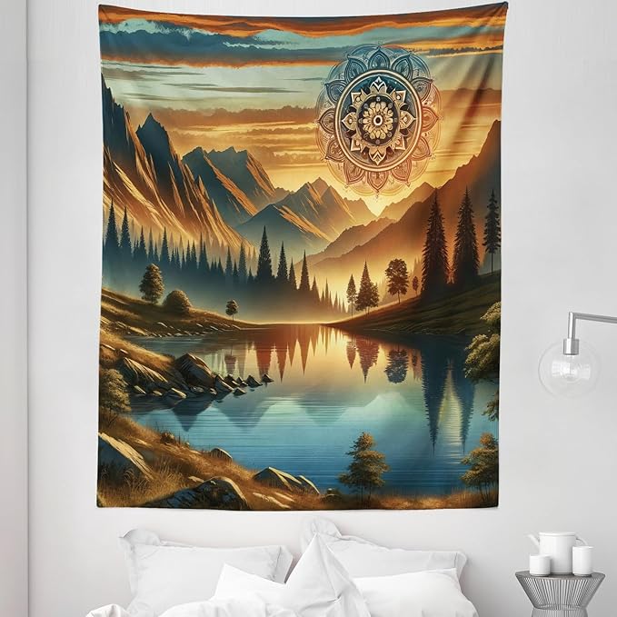 Ambesonne Mountain Tapestry Twin Size, Laky Scenic Mounts and Woods Oriental Dream Aura Mandala Flower Boho, Wall Hanging Bedspread Bed Cover Wall Decor, 68" X 88", Pale Vermilion Sea Blue