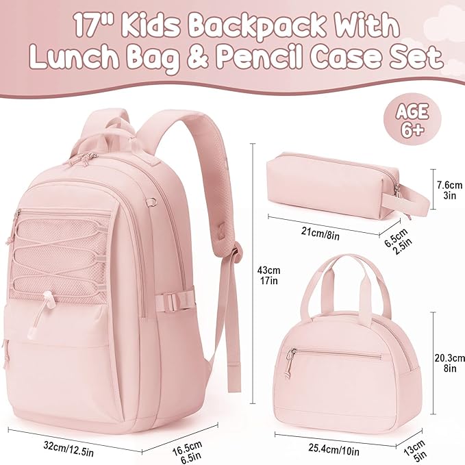 Fimibuke Kids Backpack for Girls, 3 PCS Waterproof Girls Backpack with Lunch Box & Pencil Case, Lightweight Bookbag Set for Kids Teen Girl Travel School Bag for Elementary Middle High School Students