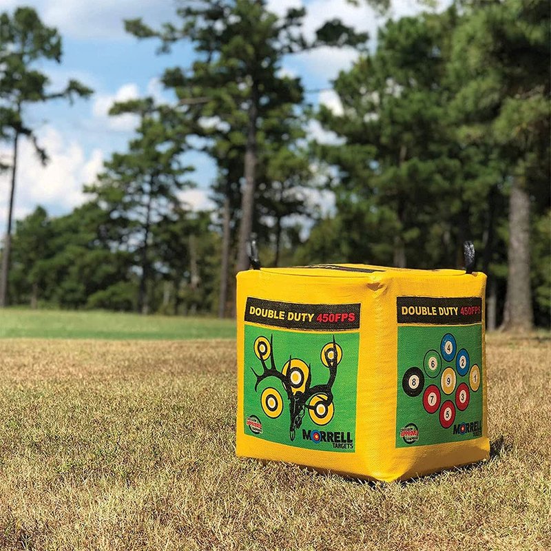 Morrell Double Duty 450 FPS Cube Field Point Archery Bag Target with Traditional Bullseyes, Nine-Ball, Dartboard Game, and Deer Vitals, Yellow