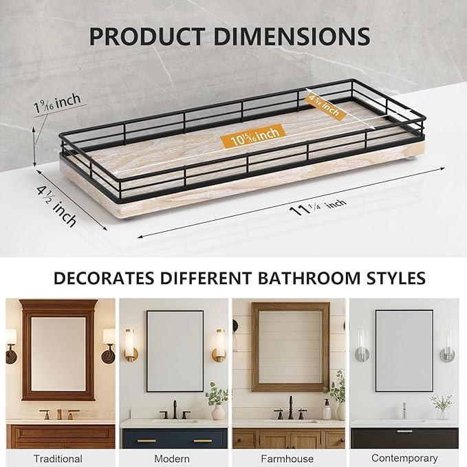 Bathroom Tray for Counter Top Organizer – Ash Wood Vanity Tray with Metal Frame for Dresser, Kitchen, Nightstand – Black & Whitewashed Decorative Storage