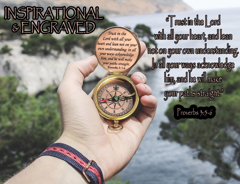 Trust in The Lord with All Your Heart -Proverbs 3: 5-6 Quote Engraved Compass with Wooden Box,Camping Compass, Gift Compass, Graduation Day Gifts 2025 Compass for Women Mens Boy Girls