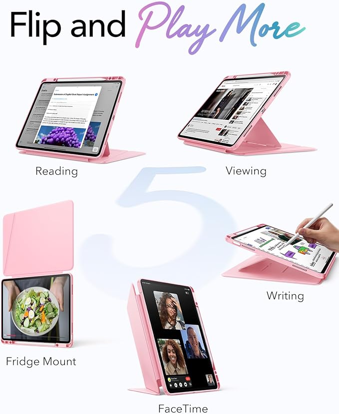 ESR for iPad Air 13 Inch Case M4/M3/M2 (2026/2025/2024), Vertical Stand Cover, Multi Stand Angles, Ultra-Stable Case with Pencil Holder, Flip Series, Pink