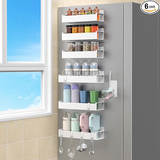 Magnetic Water Bottle Holder for Refrigerator, Cup Holder Organizer for Stanley and Tumbler for Kitchen, 6 Pack, White