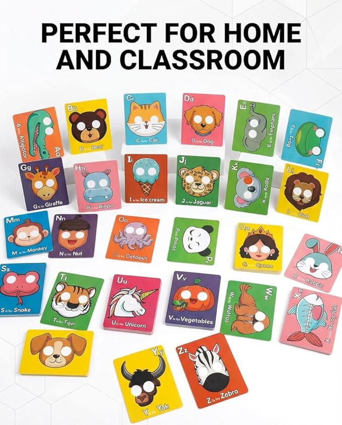 Giant Animal Alphabet Flash Cards with Handheld Animal Masks - 26 Pcs ABC Learning Cards for Toddlers 1-3 - Phonics Mnemonic Letter Recognition Toys for Preschool & Kindergarten Classroom