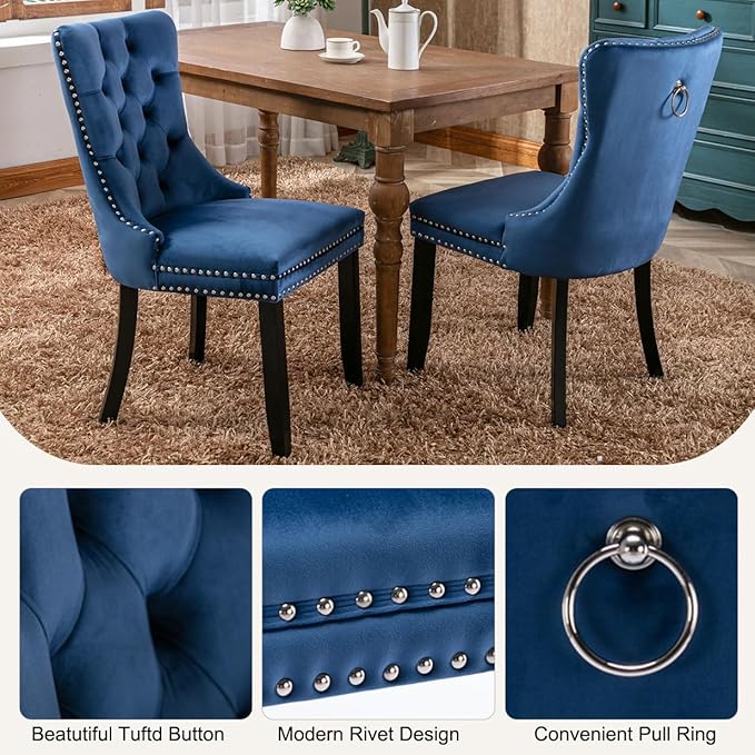 7-Piece Faux Marble Round Dining Table Set for 6, Modern Luxury Kitchen Table Set for 6 with Blue Tufted Chairs,Circle Dining Tables with White Marble Grain Top and Black Pedestal Base