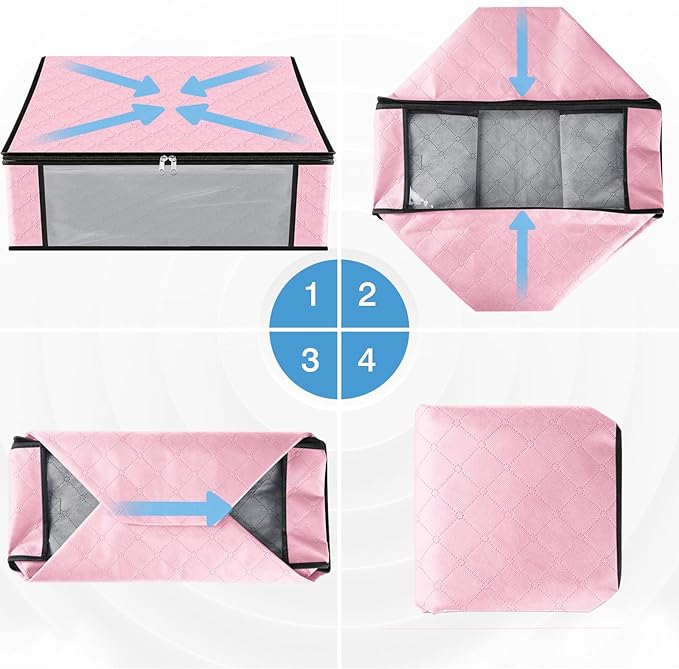 HomeHacks Storage 8-Pack Clothes Organizer Storage Bags Foldable Storage Box with Large Clear Window Sturdy Handles for Closet, Dorm, Pillows, Bedding, Clothes, Blankets, 35L, Pink