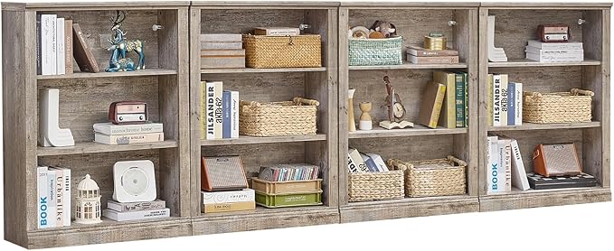 43" Grey Tall Bookshelf Set of 4,3-Tier Thick Wooden Book Shelf with Adjustable Shelves,Free Standing Farmhouse Bookcase with Open Display Storage,Floor Vintage Bookshelves for Living Room