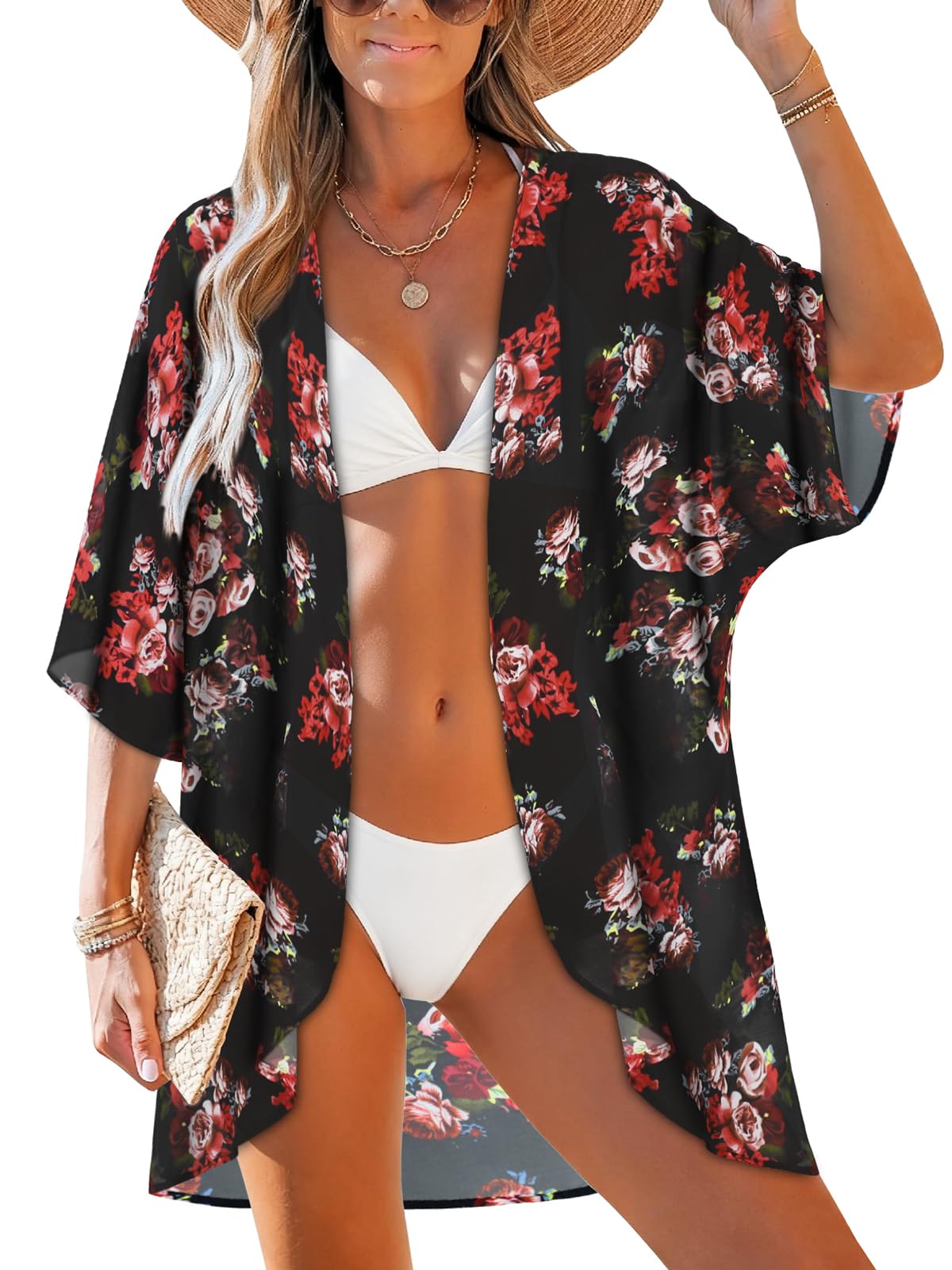 Women's Floral Print Puff Sleeve Kimono Cardigan Loose Cover Up Casual Blouse Tops(BLACK M)