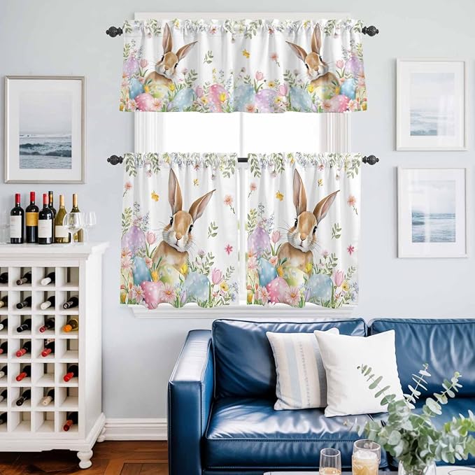 Kitchen Curtains Tiers and Valance Set of 3, Easter Light Filtering Window