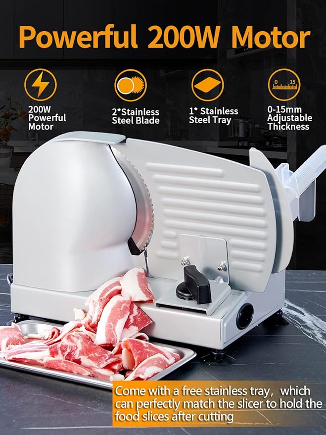 Meat Slicer, 200W Electric Food Slicer with 2 Removable 7.5" Blades