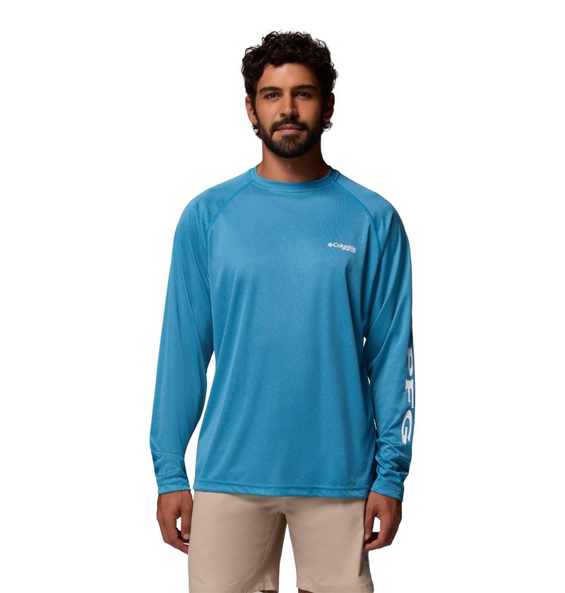 Columbia Men's PFG Terminal Tackle Long Sleeve Fishing Shirt, Blue Echo Heather/White Logo, X-Large