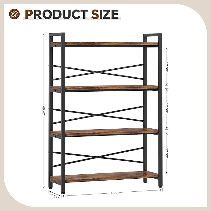 4 Tier Bookshelf 31.49" Width, Tall Book Shelf Storage and Organization, Wooden and Metal Industrial Bookcase, Large Book Shelves for Home Living Room Bedroom Office Storage(Vintage)