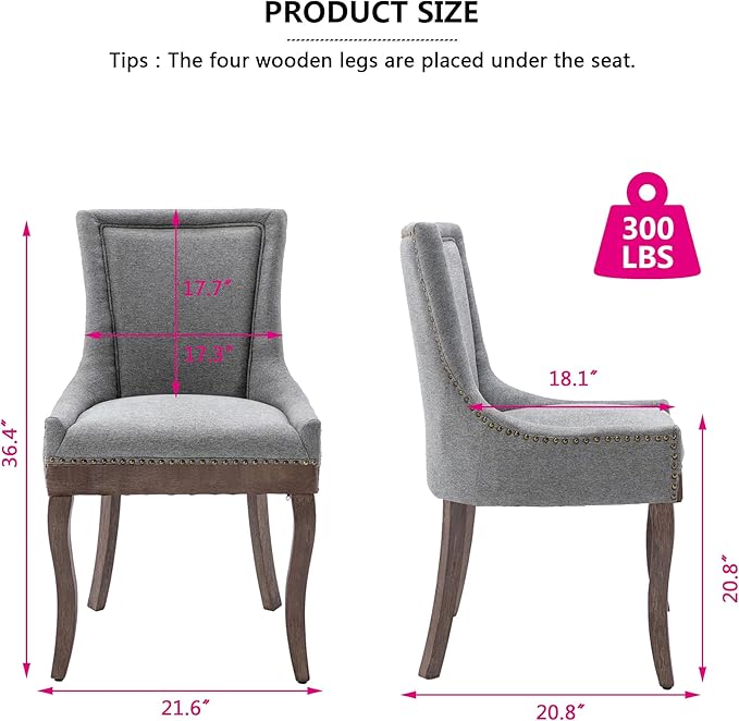 Farmhouse Dining Chairs Set of 2, Upholstered Fabric Dining Room Accent Chairs with Wood Legs & Bronze Nailhead, High Wingback Kitchen Chairs for Living Room Hotel Apartment, Gray