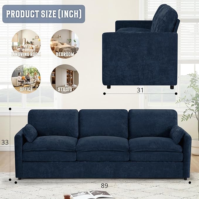 89" Chenille Soft Sofa w/Well-Filled Backrests, Modern Couch w/Plump Pillows, 3 Seater Upholstered Couch w/Thick & Comfy Cushions for Living Room, Bedroom, Blue