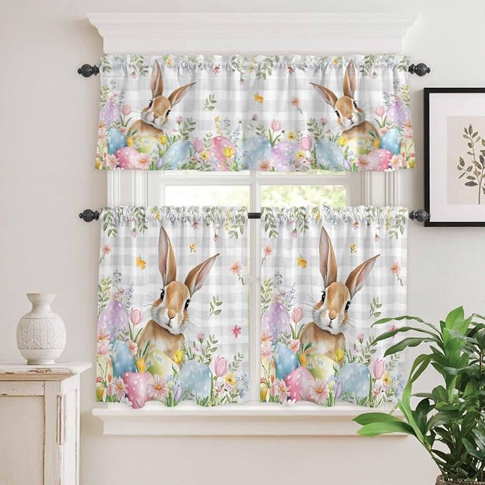Kitchen Curtains Tiers and Valance Set of 3, Easter Light Filtering Window