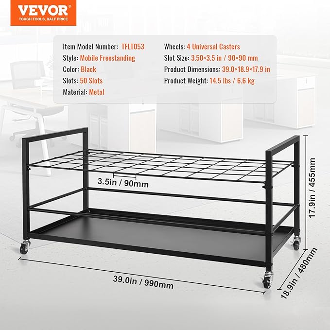 VEVOR Blueprint Storage Rack, 50 Slots Blueprint Holder with Wheels, Mobile Metal Blueprint Storage Cart for Construction Plan Map Poster Architectural, Roll File Holder for Home, Office, School