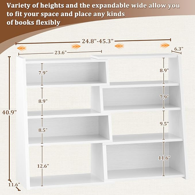 Armocity Book Shelf - Small Expandable Ladder Shelf, Short Corner Bookshelf for Small Spaces, 5 Tier Wood Narrow Bookcase, for Living Room, Bedroom, Entryway, White