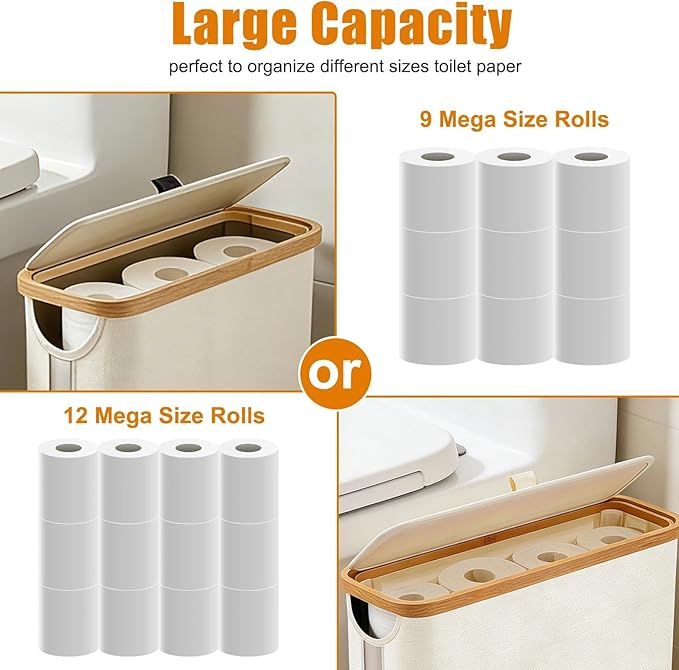 Toilet Paper Roll Storage, Bathroom Slim Toilet Paper Storage with Lid for 12 Rolls, Ultimate Bathroom Organizer with Anti-Slip Base, Black 30L