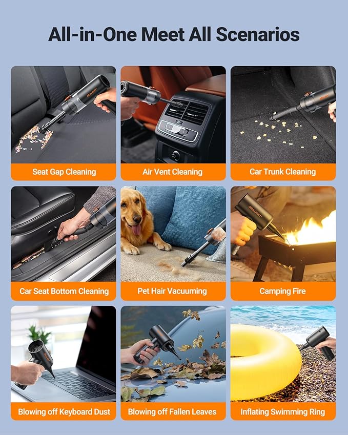 SEALIGHT Car Vacuum Portable Cordless, 25000PA Mini Vacuum Cleaner and Air Duster, 4 in 1 Hand Held Vacuum with Car Accessories, Cordless Vacuum Cleaner for Pet, Home, Office