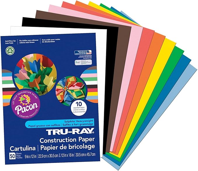 Tru-Ray Heavyweight Construction Paper, Hot Assorted Colors, 9" x 12", 50 Sheets & Construction Paper P103031, 10 Classic Colors, 9" x 12", 50 Sheets
