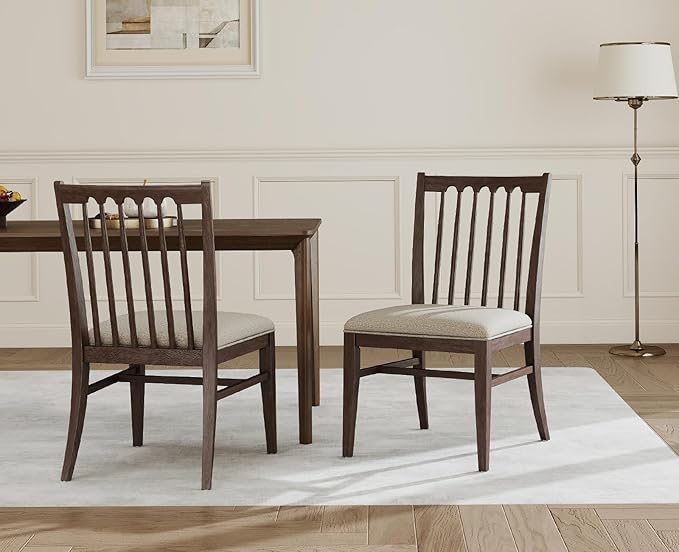 chairus Upholstered Kitchen Chairs Set of 2, Walnut Wooden Barrel Dining Chairs with Slat Back Double-Layer Cushion Farmhouse Accent Chairs for Dining Room/Living Room/Restaurant, Chenille Brown