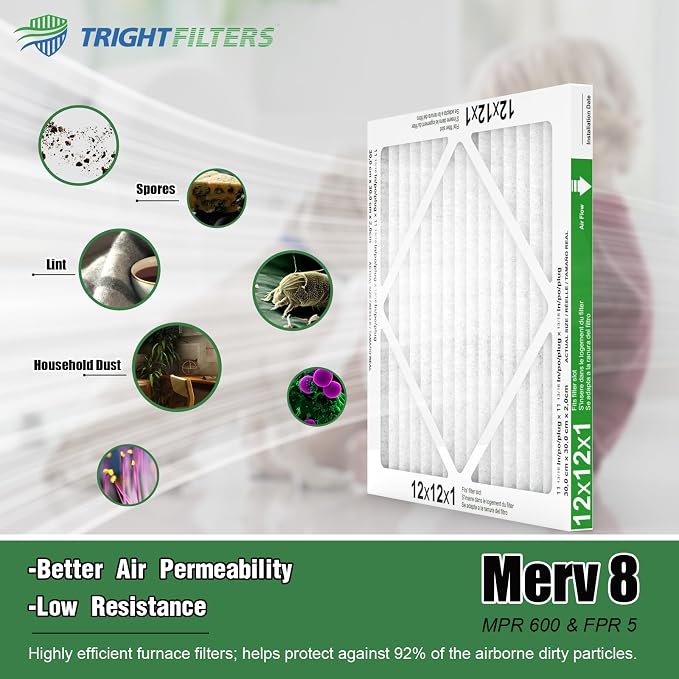 12x12x1 Air Filter 6 Pack, Durable MERV 8 Pleated Home HVAC AC Furnace Filters