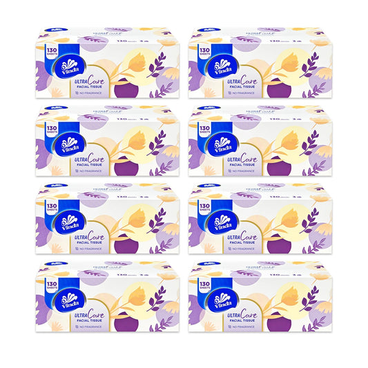 3-Ply Premium Soft Facial Tissues, Ultra Care for Sensitive Skin, 130 Tissues per Box, 8 Flat Boxes – Strong, Gentle & Ideal for Home or Office Use