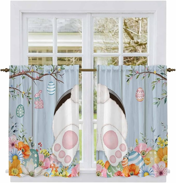 Easter Kitchen Tier Curtains 45 Inch Long 2 Panel Set, Rod Pocket Short Window