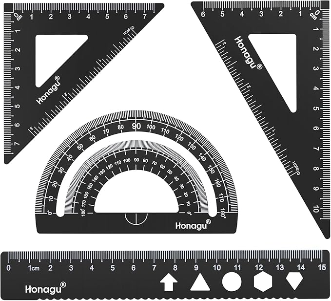 Honagu Triangular Ruler Set, 4 Pieces Aluminum Alloy Ruler, Metal Drafting Ruler, Geometric Protractor for Students, Draftsmen, Engineers, Home School Office Supplies (15cm/5.9inches, Black)