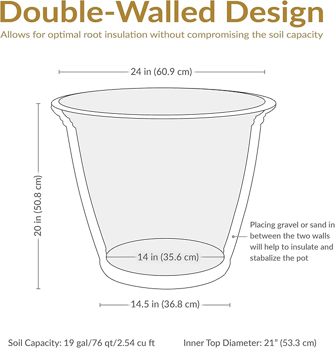 Sunnydaze 24-Inch Anjelica Large Plastic Pot for Plants - Double-Walled Outdoor Polyresin Round Planter Porch Pot with Drillable Drainage Holes - Sable - 2pk