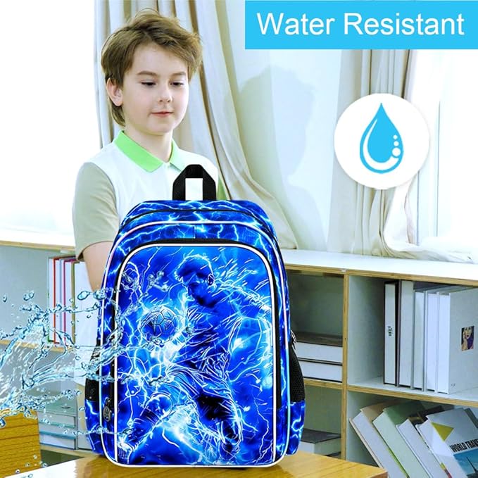 KLFVB 3PCS Backpack for Boys, 17" Football Bookbag and Lunch Box, Water Resistant Teenagers School Backpacks for Middle Elementary - Lightning Soccer