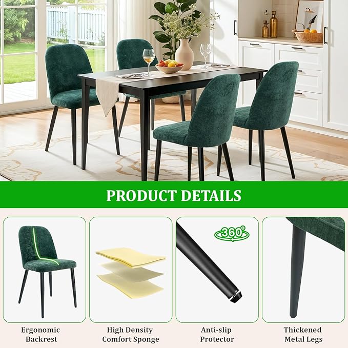 Upholstered Dining Chairs Set of 4, Mid Century Modern Fabric Dining Room Chair High-Back Padded Kitchen Chairs with Padded Seat and Metal Legs for Kitchen Dining Room Restaurant Cafe, Green