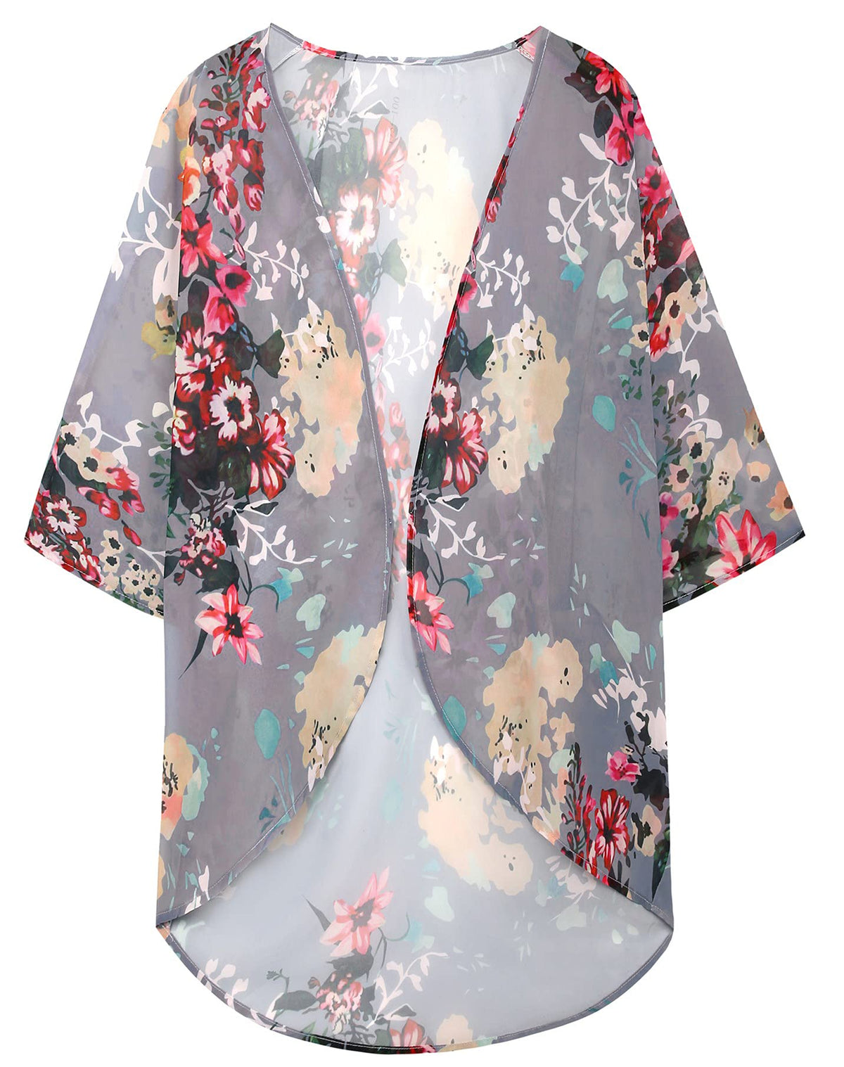 Women's Floral Print Puff Sleeve Kimono Cardigan Loose Cover Up Casual Blouse Tops (Darkgrey, 2XL)