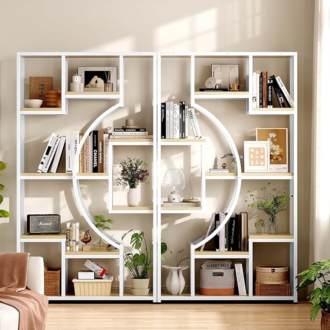 LGHM Bookshelf Set of 2 with Metal Frame, 5 Tier Geometric Bookcase, Adjustable Modern Book Shelf with 18 Open Storage Shelves, Display Shelf for Living Room, Office, Bedroom,Natural Oak