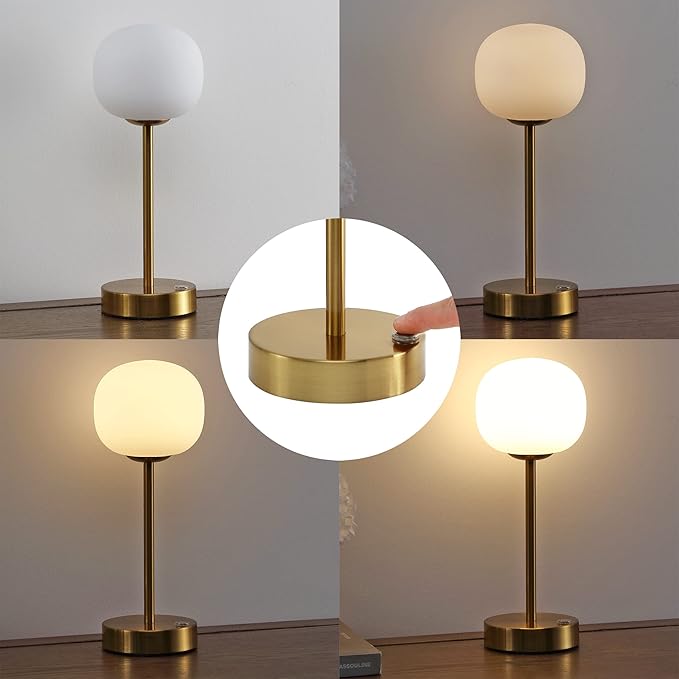 JONATHAN Y 12.25" Brass Gold/White Rechargeable Table Lamp, Modern Cordless LED Nightstand Lamp, White Glass Shade, Dimmable Portable Desk Lamp for Bedroom Living Room Dining (JYL7108C)