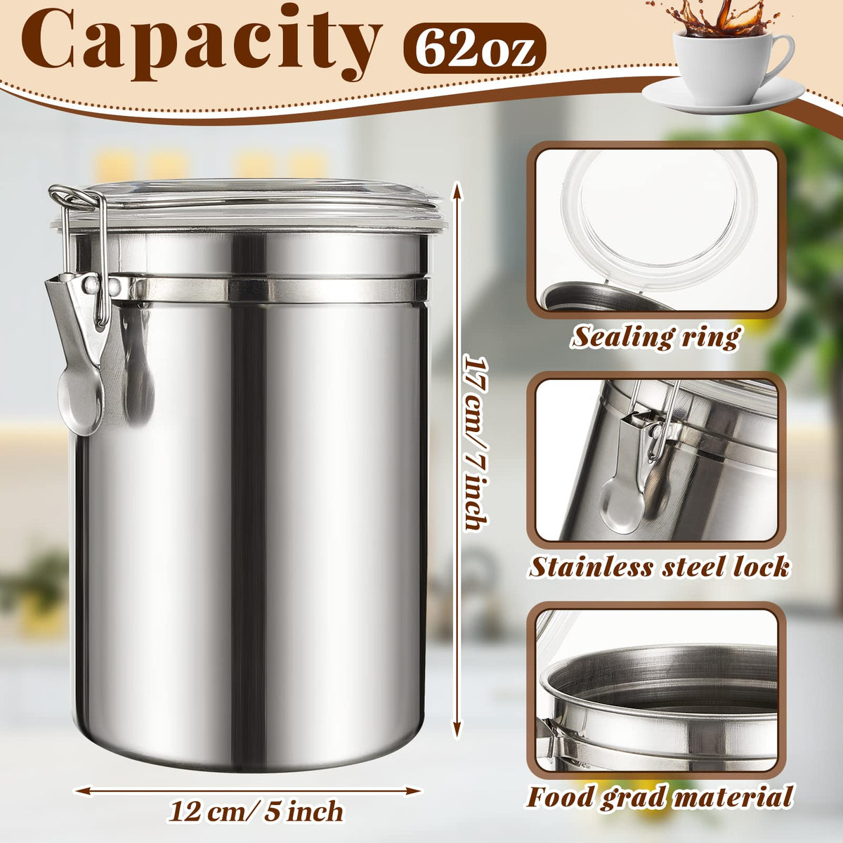 Lallisa 12 Pcs Stainless Steel Kitchen Canister 62 fl oz with Airtight Clear Clamp Lid, Metal Food Storage Container Set for Coffee Bean Ground Coffee Flour Sugar Spice Tea Cereal Snack Candy Pantry