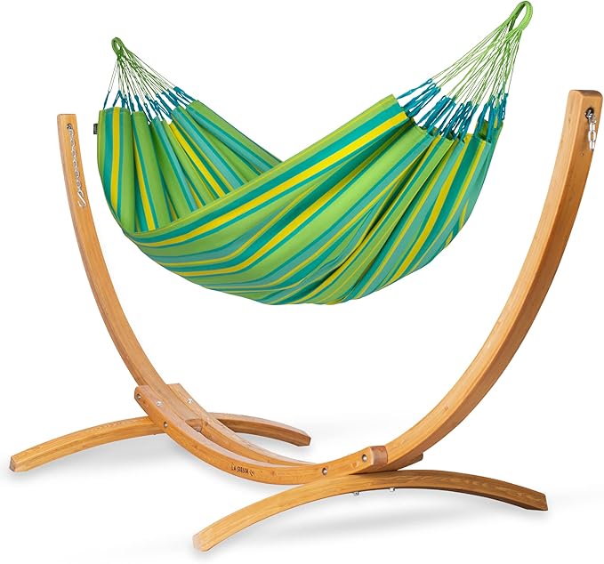 LA SIESTA® - Large Double Brisa Classic Hammock & Elipso Stand - Larch Wood Hammock Stand - Weather & Tear Resistant - Backyard Outdoor Hammock with Stand - 2-Person, Max 355 Lbs, Lime