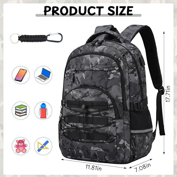 Kids Backpack for Boys - Camo Boys Backpacks for Kids Teens Elementary Middle School, 18″ Camouflag Students Bookbag with Usb Charging Port & Key-chain, Perfect for Travel and School