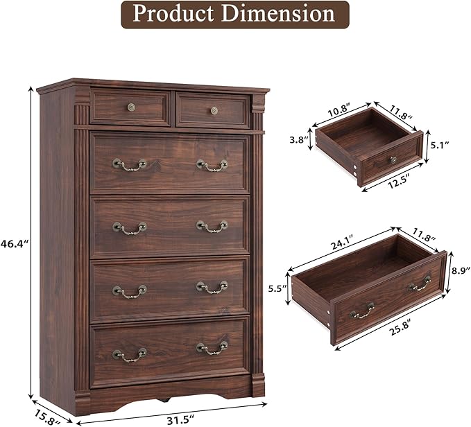 Walnut Dresser for Bedroom, Farmhouse 6 Chest of Drawers, 47" Tall 6 Drawer Dresser Storage with Wood Pilasters and Metal Handles, Vintage Design, Drawer Organizer for Bedroom, Hallway