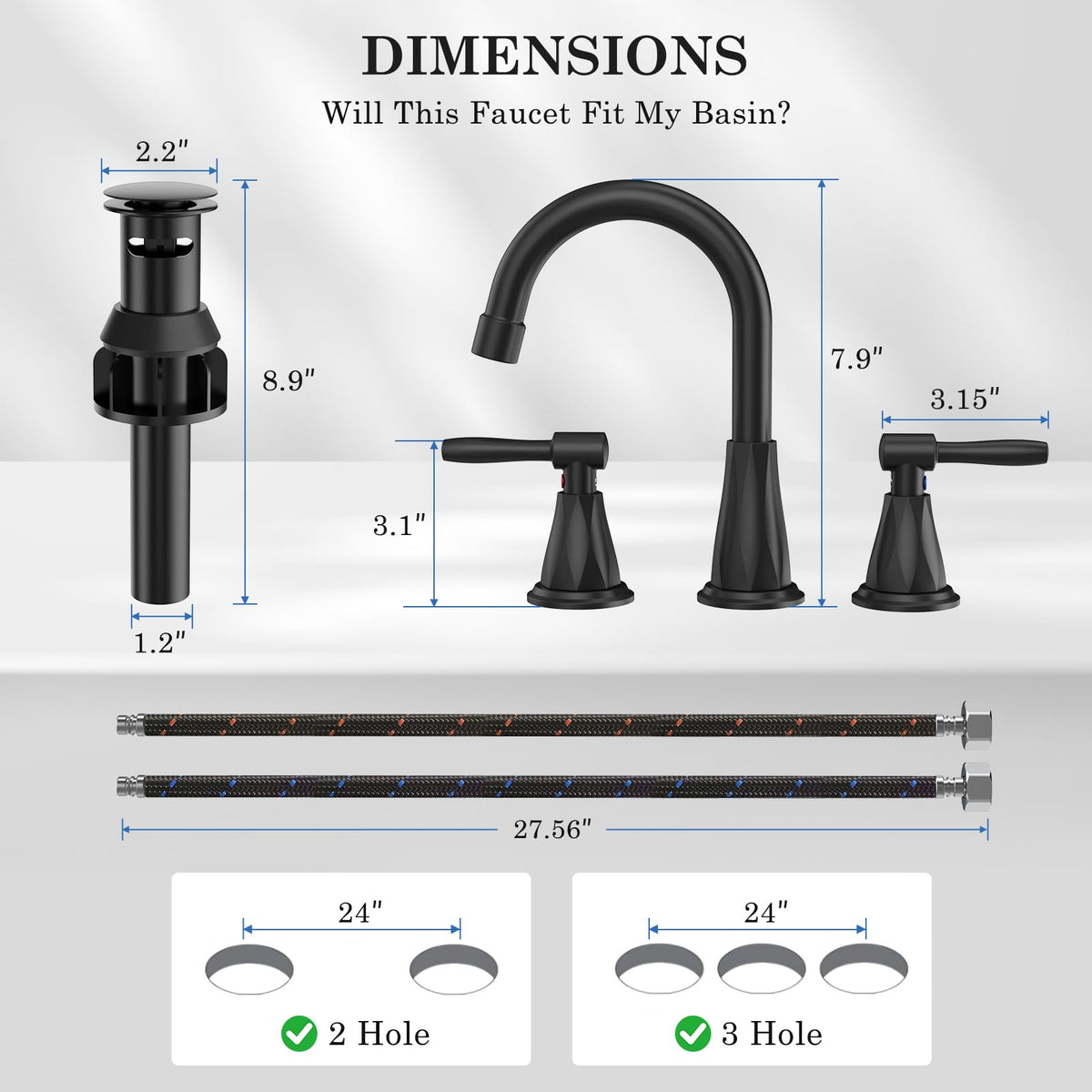 Bathroom Faucets with Filter, Widespread Black Bathroom Sink Faucet for 3 Holes with Pop-up Drain Assembly, Two Handle Vanity Faucet (Contemporary)