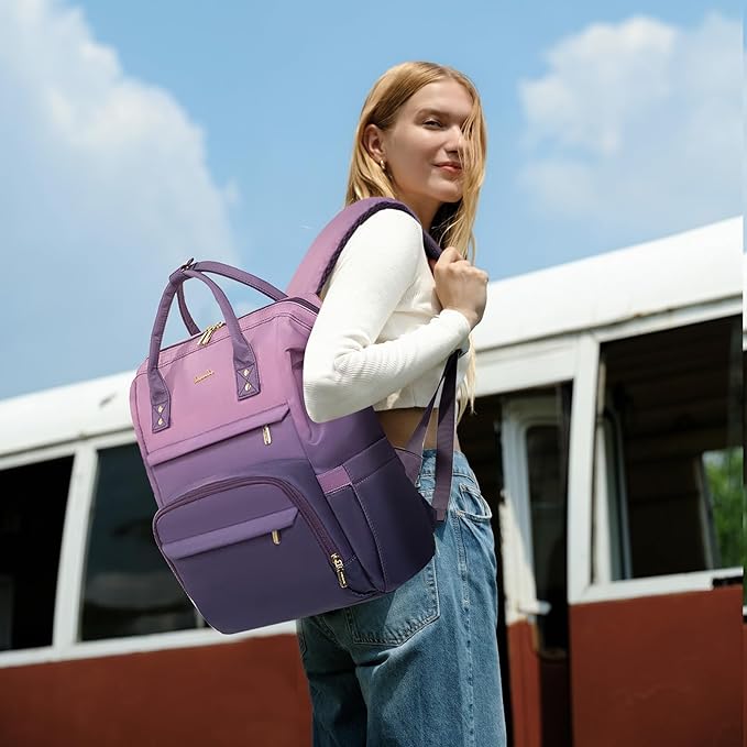 LOVEVOOK Gradient Laptop Backpack for Women,15.6 Inch Work Computer Bakcpack Purse Laptop Bag With Anti-Theft Pocket,Waterproof Carry on Teacher College Backpack for Travel,Purple-Pink