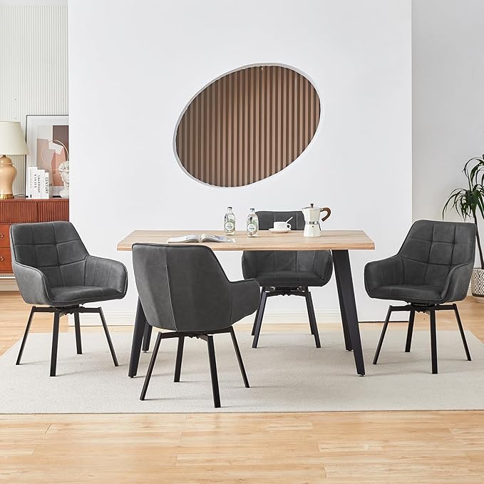 TUKAILAi Swivel Dining Chairs Set of 4, Faux Leather Upholstered Mid Century Accent Chairs with Metal Legs, Rotatable Kitchen Chair for Home Office Kitchen Restaurant (Grey)