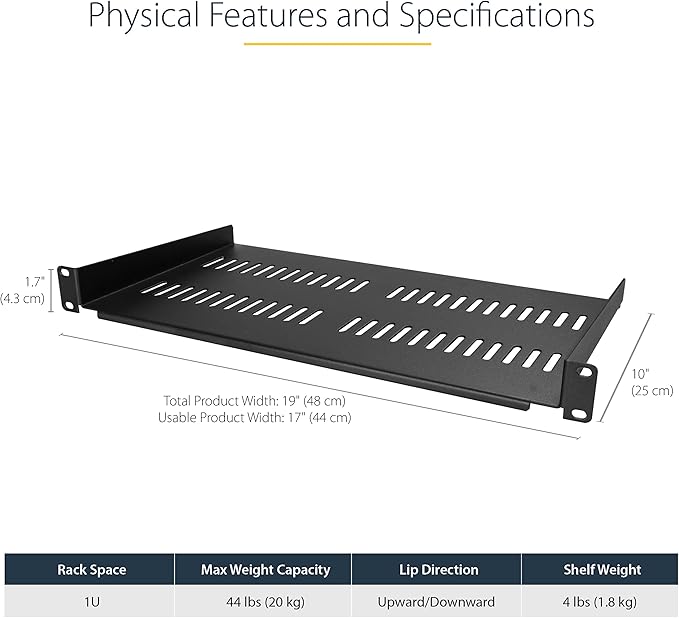 StarTech.com 1U Server Rack Shelf - Vented Rack Mount Cantilever Tray for 19" Network Rack & Cabinet, 44lb/20kg, 10" Deep