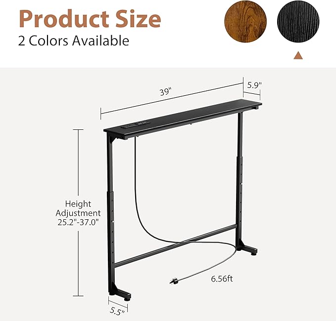 GRLEAF 39" Adjustable Height Narrow Console Table with Power Outlets, Long Sofa Table with Charging Station Behind Couch Table Skinny Entryway Table for Living Room, Hallway and Office – Black