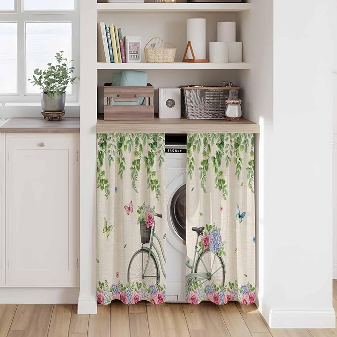 Farmhouse Spring Kitchen Curtains, Retro Bicycles Flowers Vines Butterfly Light