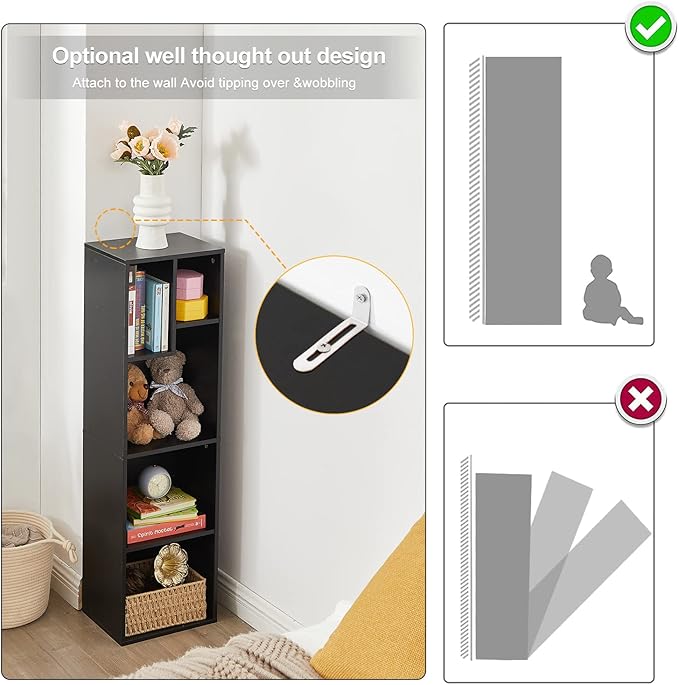 VECELO Small Bookshelf, 5 Cube Slim Bookcase, Fits Tallest Hardcovers, Horizontal Available, Modern Floor Standing Unit, Each Shelf Hold Up to 66 LBS, Black