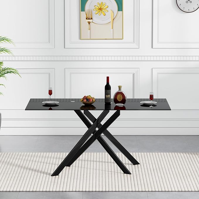 51" Rectangular Glass Dining Room Table for 4 with Tempered Glass Top and Black Metal Legs, Modern Black Kitchen and Dinner Table for Home Office Dining Room