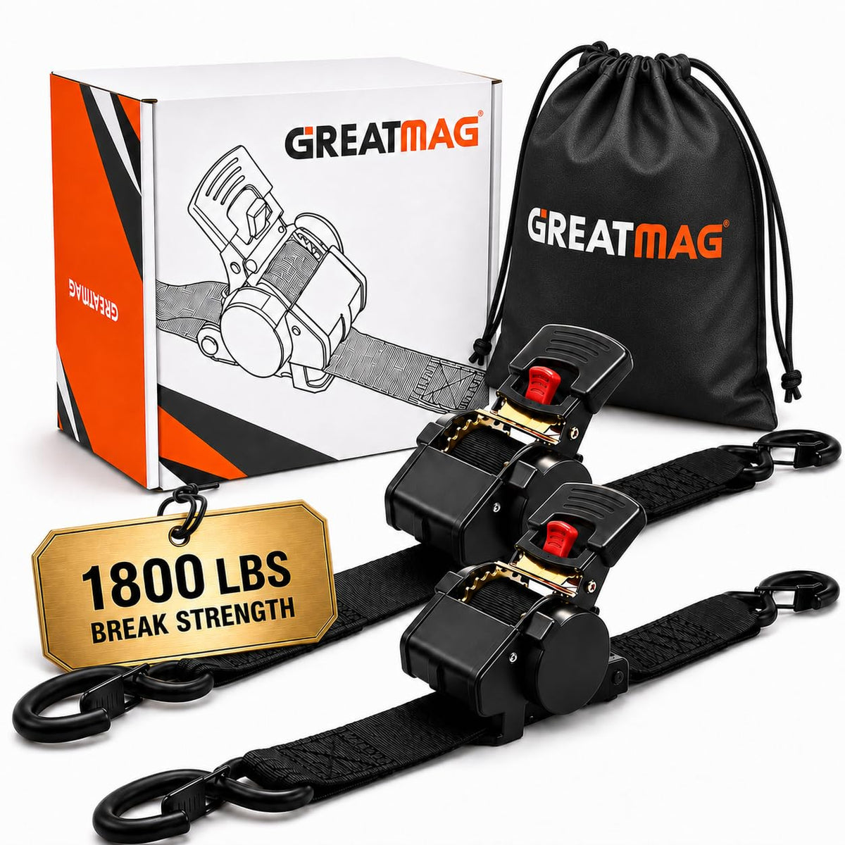 Heavy Duty Retractable Ratchet Tie-Down Straps 1800 lbs, 1in × 10ft Auto Retract Tie Downs with Zinc S-Hooks, Cargo Straps for Trucks, Trailers, Roof Racks & Moving, 2 Pack, Black